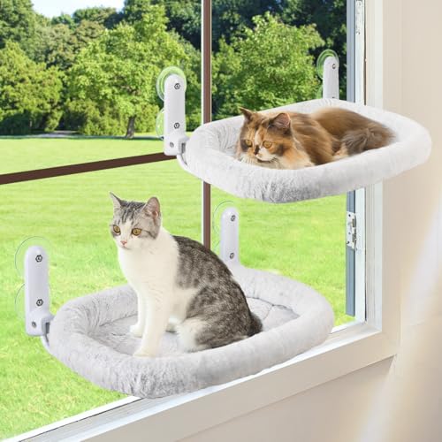 Zoratoo 2 x Katzen-Fensterstange mit Nackenrolle, faltbare Katzenhängematte, Kissen für Fenster mit Metallrahmen, 10 große Saugnäpfe, schnurloser Fensterruhesitz für Indoor-Katzen (grau, Kissenbett) von Zoratoo