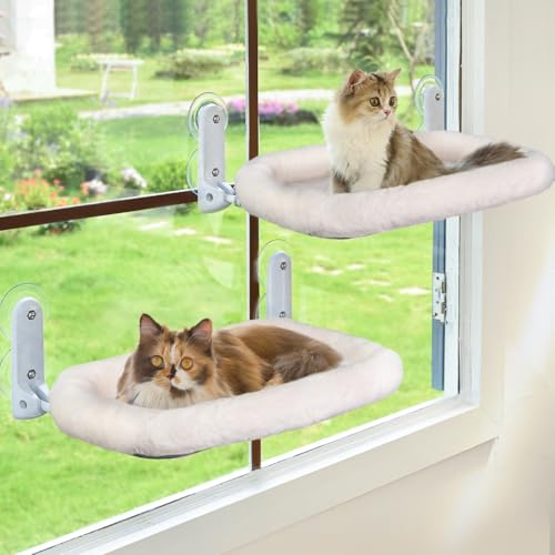 Zoratoo 2 x Katzen-Fensterstange mit Nackenrolle, schnurlose Katzenhängematte, Kissen für Fenster mit Metallrahmen, große Saugnäpfe, Fensterruhe für Indoor-Katzen (Kissenbett, weiß, 2 Stück) von Zoratoo