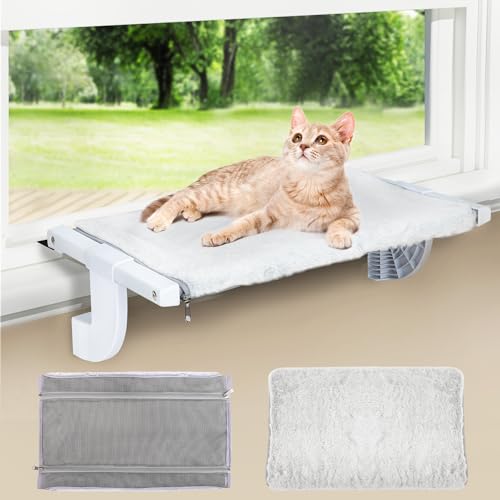 Zoratoo Fensterbankhalterung Katzen-Sitzstange für Indoor-Katzen, einstufiger Schiebe-Klemmschlitz, Verstellung, Katzenhängematte mit abnehmbaren zwei Stoffabdeckungen, keine Saugnäpfe, Katzenbett für von Zoratoo