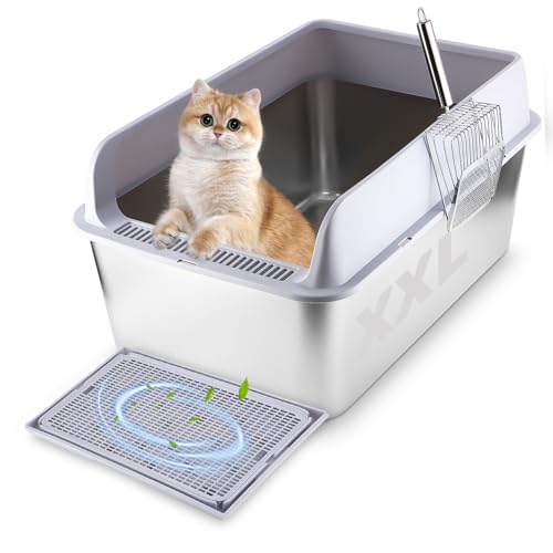 Katzenklo Edelstahl XXLKatzenklo Edelstahl,Katzentoilette mit Schaufel und Matte, Extra Large Cat Litter Tray mit auslaufsicher, geruchlos und leicht zu reinigen, mit Abmessungen: 60 x 40 x 31 cm von Zounin