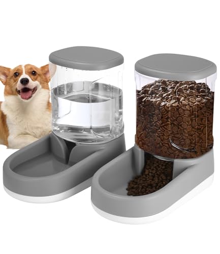 Zounin Automatisches Futter- und Wasserspender für Hunde, Katzen, Futterspender und Wasserspender, 2X 3,8 L, Futterspender für kleine, mittelgroße und große Haustiere, Welpen, Kätzchen, Grau von Zounin