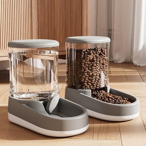 Zounin Automatisches Futter- und Wasserspender für Hunde, Katzen, Futterspender und Wasserspender, 2X 3,8 L, Futterspender für kleine, mittelgroße und große Haustiere, Welpen, Kätzchen, Grau von Zounin