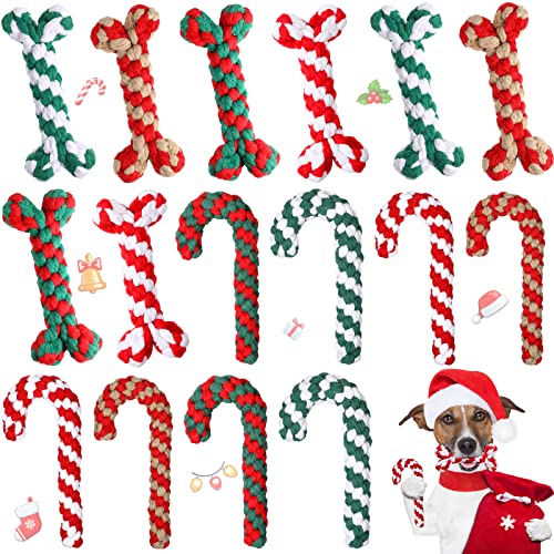 Zubebe 16 Stück Weihnachts-Hundespielzeug, Weihnachts-Hundespielzeug, Seilspielzeug, klassische Krückenform, Zuckerstangenknochen, Haustier-Kauspielzeug für Welpen, kleine, mittelgroße und große von Zubebe