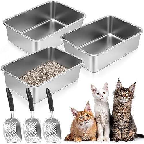 Zubebe 3 Stück Edelstahl-Katzentoilette mit 3 Stück Katzenstreuschaufel Katzentoilette Metallstreuschaufeln nimmt nie Gerüche auf, rostfrei, antihaftbeschichtete glatte Oberfläche (50 x 35 x 15 cm) von Zubebe