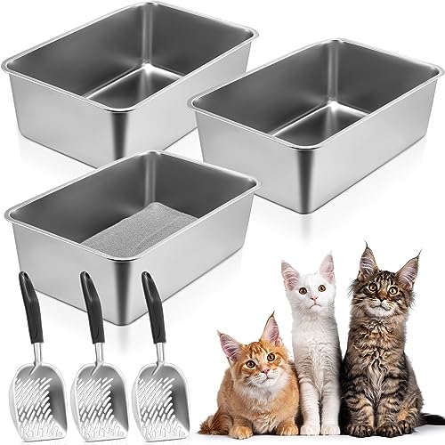 Zubebe 3 Stück Edelstahl-Katzentoilette mit 3 Stück Katzenstreuschaufel Katzentoilette Metallstreuschaufeln nimmt nie Gerüche auf, rostfrei, antihaftbeschichtete glatte Oberfläche (60 x 40 x 20 cm) von Zubebe