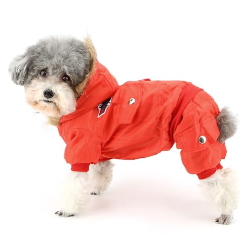 Zunea Overall Schneeanzug mit Kapuze für Kleine Hunde Wasserdichter Wintermäntel Fleece Warm Kapuzenpullis Haustier Welpen Kleidung Chihuahua Yorkie Katzen Hundebekleidung Rot M von Zunea