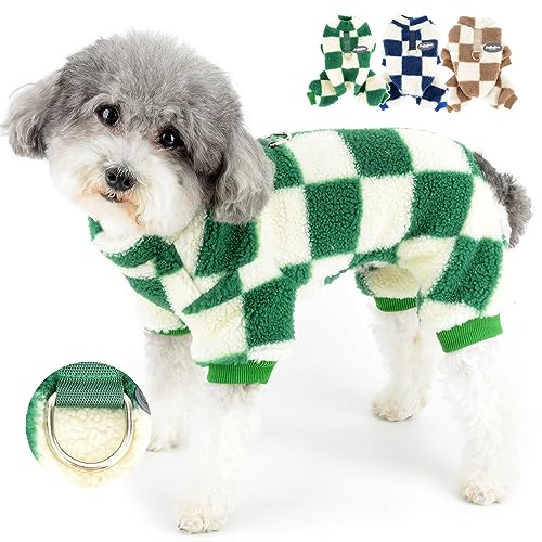 Zunea Fleece Hundepullover für Kleine Hunde Wintermäntel Pyjama Schlafanzug Kariert Warmer Overall 4-beiniger Weich Flauschig Welpenkleidung mit D-Ring Kaltes Wetter Haustier Mantel Grün XXL von Zunea