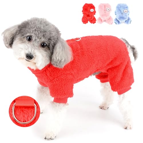 Zunea Fleece Schlafanzug für Kleine Hunde Weich Flauschig Wintermäntel mit D-Ring Pullover Pyjamas Winter Warm Welpen Hundenjacke 4-Beinen Kaltes Wetter Haustier Chihuahua Schlafkleidung Rot XXL von Zunea