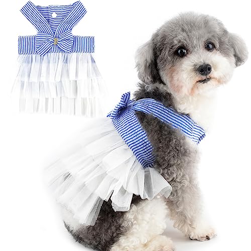 Zunea Gestreifte Hundekleider für Kleine Hunde Mädchen Sommer Tutu Prinzessin Kleid mit Bowknot Stufige Tüll Hunde Geburtstag Party Kleider Strapse Welpenkleidung Weste Rock Hochzeitskleid Weiß S von Zunea