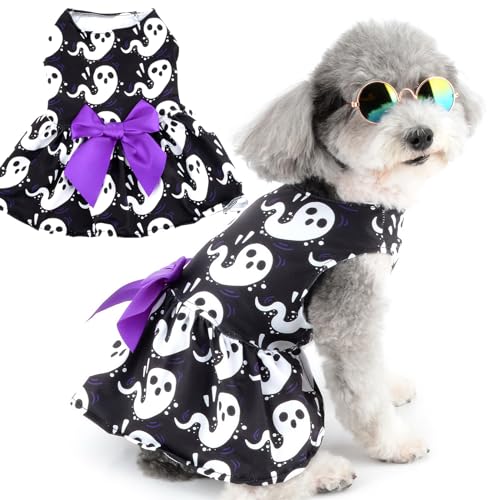 Zunea Halloween Hundekleider für Kleine Hunde Katzen Geister Aufdruck Welpen Mädchen Halloween Kostüme Verkleidung Weicher Haustierrock mit Schleifenknoten Chihuahua Yorkie Kleidung Outfits Schwarz L von Zunea