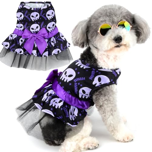 Zunea Halloween Hundekleider für Kleine Hunde Katzen Totenköpfe Welpen Mädchen Halloween Kostüme Verkleidung Weicher Haustier Lagen Spitzenrock mit Schleifenknoten Chihuahua Yorkie Kleidung Schwarz XL von Zunea