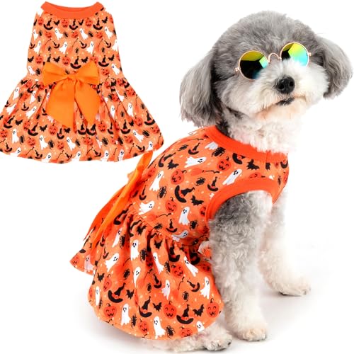 Zunea Halloween Hundekleider für kleine Hunde Katzen Kürbis/Geister/Fledermaus/Spinnendruck Welpen Halloween Kostüme Verkleidung Weicher Haustierrock mit Schleifen Chihuahua Yorkie Kleidung Orange XL von Zunea