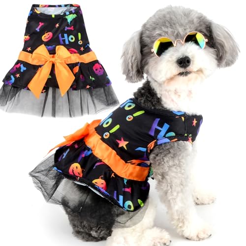 Zunea Halloween Hundekleider für kleine Hunde Katzen Kürbisschädel Fledermäuse Muster Welpen Halloween Kostüme Verkleidung mehrlagiger Spitzenrock mit Schleifen Haustiere Chihuahua Kleidung Schwarz XL von Zunea