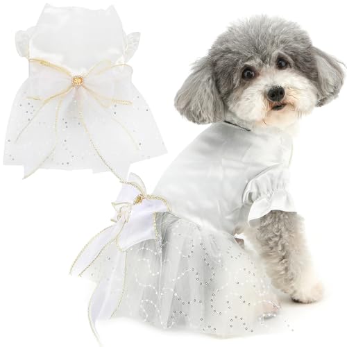 Zunea Hochzeitskleid für kleine Hunde und Mädchen, luxuriöses Prinzessinnen-Tutu-Kleid mit Diamantschleife, elegantes weißes formelles Brautkleid, glitzernde Pailletten, Welpenkleidung, von Zunea