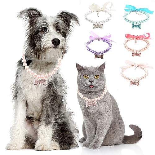 Zunea Hund Katze Perlenketten Halsband mit Bling Kristall Strass Knochen Charm Anhänger Kleine Welpen Mädchen Verstellbare Halsketten mit Schleife Band Haustier Chihuahua Hochzeit Geburtstag Party von Zunea