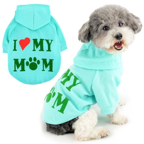 Zunea Hunde Kapuzenpullis Mantel für Kleine Hunde Katzen Wintermantel mit Geschirr Loch I Love My Mom Bedrucktes Sweatshirt Weiche Welpenpullover Hundejacken Mäntel Chihuahua Kleidung Hellgrün XS von Zunea