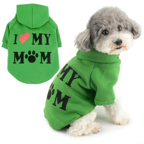 Zunea Hunde Kapuzenpullis Mantel für Kleine Hunde und Katzen Wintermantel mit Geschirr Loch I Love My Mom Bedrucktes Sweatshirt Weiche Welpenpullover Hundejacken Mäntel Chihuahua Kleidung Grün L von Zunea