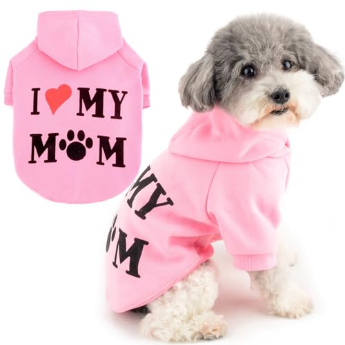 Zunea Hunde Kapuzenpullis Mantel für Kleine Hunde und Katzen Wintermantel mit Geschirr Loch I Love My Mom Bedrucktes Sweatshirt Weiche Welpenpullover Hundejacken Mäntel Chihuahua Kleidung Rosa S von Zunea