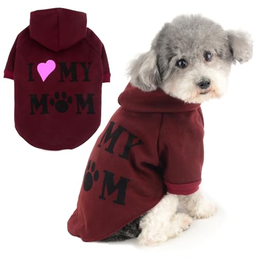 Zunea Hunde Kapuzenpullis Mantel für Kleine Hunde und Katzen Wintermantel mit Geschirr Loch I Love My Mom Bedrucktes Sweatshirt Weiche Welpenpullover Hundejacken Mäntel Chihuahua Kleidung Wein XL von Zunea