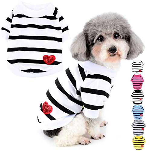 Zunea Hunde-Shirts für Kleine Hunde Sommer Basic T-Shirt Streifen Welpen Kleidung Pailletten Liebe Herz Sweatshirt Weiche Baumwolle Tee Shirt Haustier Kleidung Pullover Chihuahua Bekleidung Weiß L von Zunea