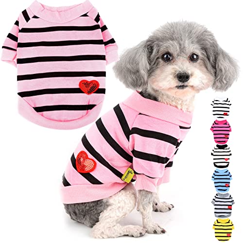 Zunea Hunde-Shirts für Kleine Hunde Sommer Basic T-Shirt Streifen Welpen Kleidung Pailletten Liebe Herz Sweatshirt Weiche Baumwolle Tee Shirt Haustier Pullover Chihuahua Bekleidung Babypink S von Zunea