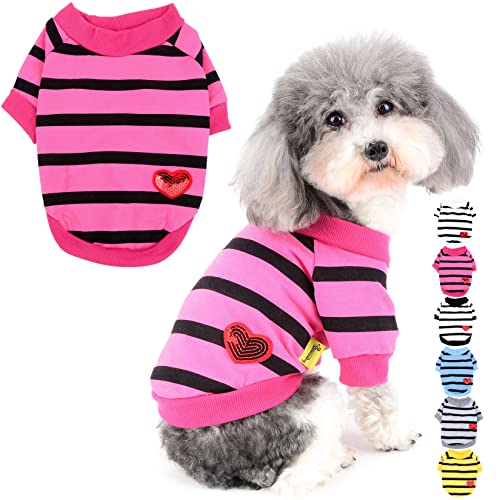 Zunea Hunde-Shirts für Kleine Hunde Sommer Basic T-Shirt Streifen Welpen Kleidung Pailletten Liebe Herz Sweatshirt Weiche Baumwolle Tee Shirt Haustier Kleidung Pullover Chihuahua Bekleidung Rosa L von Zunea