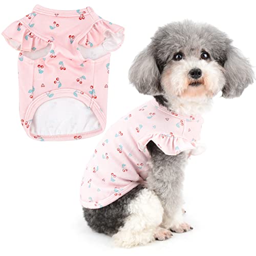 Zunea Hunde Shirt für Kleine Hunde Sommer T-Shirts Weiche Baumwolle Atmungsaktive Welpenweste Kleidung Niedlich Kirsche Gedruckt Kleidung Rüschen Kurzarm Shirt für Haustier Chihuahua Yorkie Rosa M von Zunea