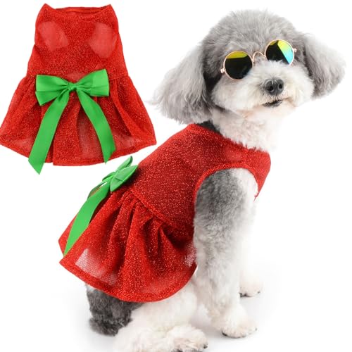 Zunea Hunde-Weihnachtskleider für kleine Hunde Mädchen Bling Bling Xmas Puppy Prinzessin Kleid mit niedlichem Schleifenknoten Weihnachten Haustier Rock Hundekostüme Kleidung Outfits für Chihuahua von Zunea