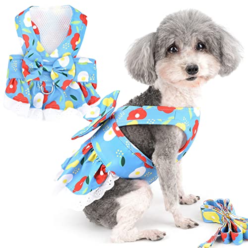 Zunea Hundegeschirr Kleid mit Leine für Kleines Hunde Mädchen Kein Ziehen Welpen Weste Geschirre Blumenmuster Prinzessinnenkleider mit Schleife Haustier Rock Chihuahua Yorkie Bekleidung Hellblau L von Zunea