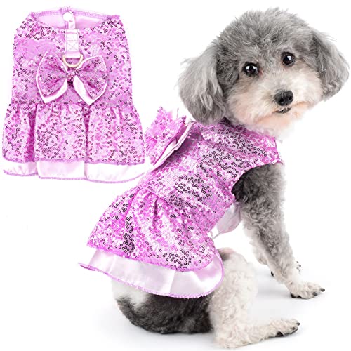 Zunea Hundegeschirr Kleider für Kleine Hunde Mädchen Bling Pailletten Sommer Prinzessin Kleid mit Schleife Knoten D-Ring Welpen Party Kleid Geburtstag Hochzeit Kostüm Chihuahua Kleidung Lila XL von Zunea