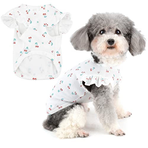 Zunea Hunde Shirt für Kleine Hunde Sommer T-Shirts Weiche Baumwolle Atmungsaktive Welpenweste Kleidung Niedlich Kirsche Gedruckt Kleidung Rüschen Kurzarm Shirt für Haustier Chihuahua Yorkie Weiß L von Zunea