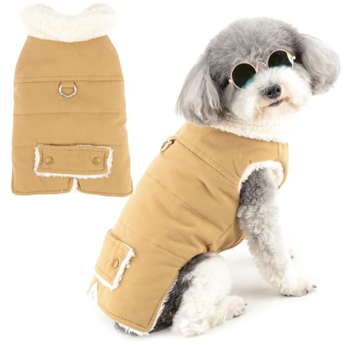 Zunea Hundejacke für kleine Hunde, mit Fleece gefüttert, für Welpen, Winterkleidung mit Ring für die Leine, kaltes Wetter, Jacken, Mantel, Chihuahua, Hundespielzeug, Pudel, Khaki, Größe L von Zunea