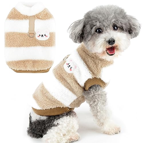 Zunea Hundepullover für Kleine Hunde Katze Fuzzy Sherpa Fleece Hundemäntel Gestreift Winterjacke Mantel mit D-Ring Weich Warm Pullover Weste Welpenkleidung Kaltes Wetter Haustier Chihuahua Braun XXL von Zunea