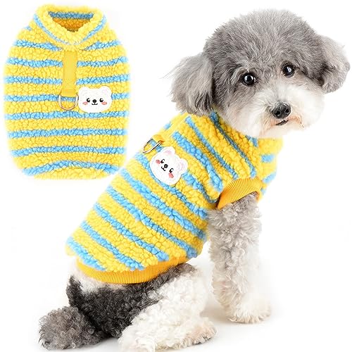 Zunea Hundepullover für Kleine Hunde Katze Fuzzy Sherpa Fleece Hundemäntel Gestreift Winterjacke Mantel mit D-Ring Weich Warm Pullover Weste Welpenkleidung Kaltes Wetter Haustier Chihuahua Gelb M von Zunea