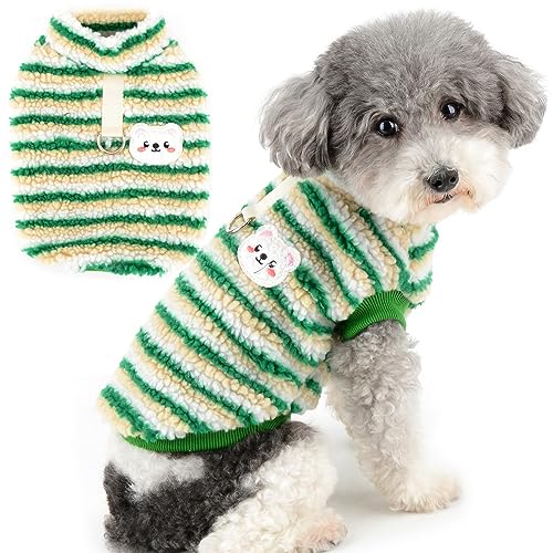 Zunea Hundepullover für Kleine Hunde Katze Fuzzy Sherpa Fleece Hundemäntel Gestreift Winterjacke Mantel mit D-Ring Weich Warm Pullover Weste Welpenkleidung Kaltes Wetter Haustier Chihuahua Grün L von Zunea