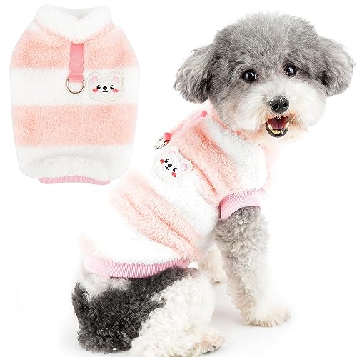 Zunea Hundepullover für Kleine Hunde Katze Fuzzy Sherpa Fleece Hundemäntel Gestreift Winterjacke Mantel mit D-Ring Weich Warm Pullover Weste Welpenkleidung Kaltes Wetter Haustier Chihuahua Rosa L von Zunea