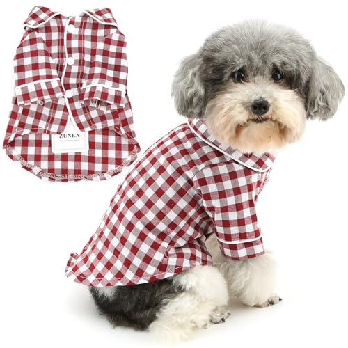 Zunea Hunde Shirts Schlafanzug für Mittelgroße Hunde Atmungsaktiv Kariert Revers Pyjama Zweibeinig Hemden Schlafen Tragen Outfits für den Innenbereich Haustierbekleidung Rot 5XL von Zunea