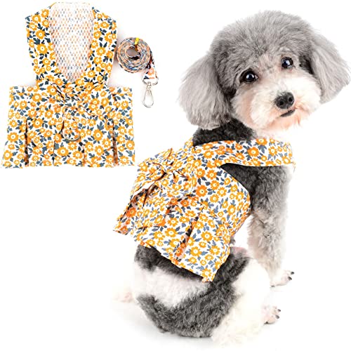 Zunea No Pull Hundegeschirr Kleid mit Leine Set für Kleine Hunde Mädchen Gänseblümchen Blumen Welpen Weste Geschirre mit D-Ring süße Schleife Knoten Prinzessin Kleider für Katze Chihuahua Orange XXL von Zunea