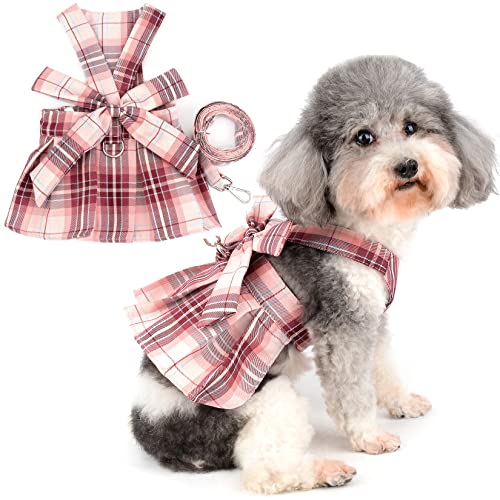 Zunea Plaid Dog Harness Dress for Small Dogs No Pull Vest Harnesses with Leash Set Puppy Girls Princess Dresses with Bow Knot Weiblicher Pet Skirt Cat Chihuahua Clothes Outfits Wine M von Zunea