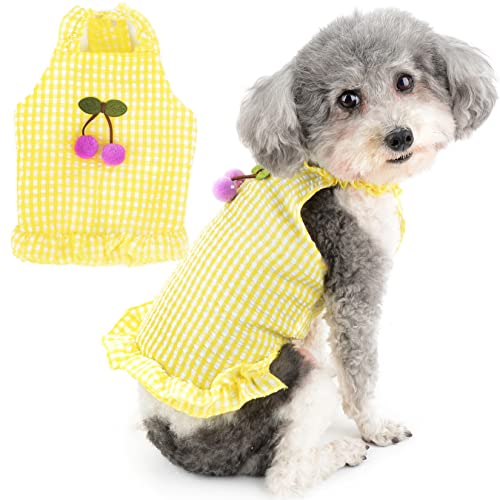 Zunea Plaid Hundekleider für kleine Hunde Sommer Camisole Welpen Prinzessin Kleid mit Niedlicher Kirsche Weiche Weste Sommerkleid Haustier Rüschen Rock Ärmellose Weste Urlaub Chihuahua Outfits Gelb L von Zunea