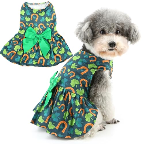 Zunea St. Patrick's Day Kleid für kleine Hunde für XS/S, Irisches Kleeblatt-Druck, Welpenprinzessin-Kleid mit niedlichem Schleifenknoten, Haustier-Urlaubskleidung, Rock, Frühling, Chihuahua, von Zunea