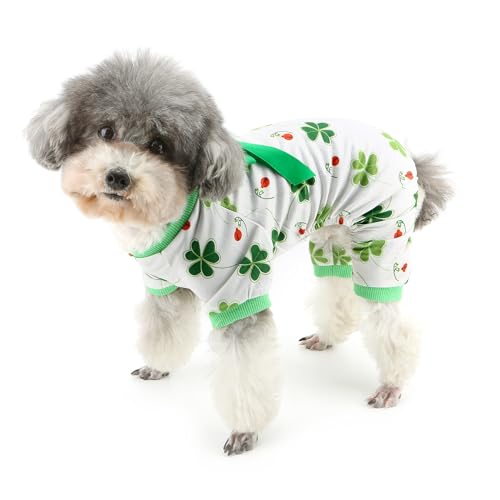 Zunea St. Patrick's Day Schlafanzug für kleine Hunde, Größe XS/S, Grün Kleeblatt und Marienkäfer, Welpen-Pyjama, Overall mit Schleife, 4-beinig, Schlafkleidung, Chihuahua, Haustier-Urlaubspyjama, von Zunea