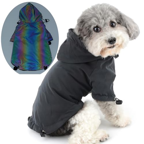 Zunea Holografische wasserdichte Hundejacke für Mittelgroße Hunde Winter Warm Fleece Mantel mit Kapuze Regenmantel Reflektierend Kapuzenpullis Kleidung Kordelzug Thermo-Windbreaker 4XL von Zunea