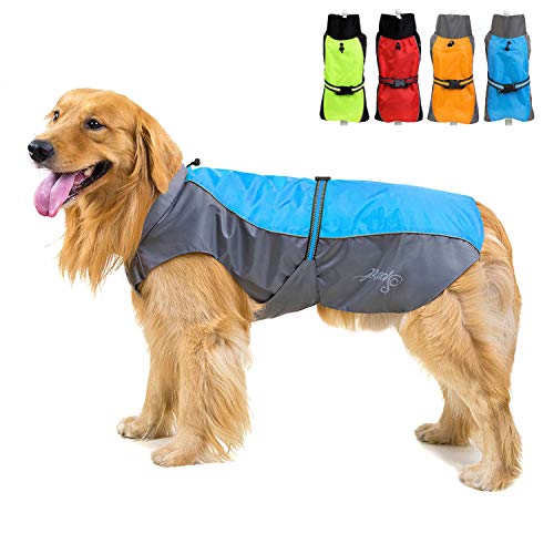 Zunea Wasserdichter Regenmantel für Mittelgroße und Große Hunde Reflektierend Regenjacke Leicht Winddicht Netzfutter Regenschutz Kleidung für Outdoor Wandern, Bekleidung für nasse Tage Blau 4XL von Zunea