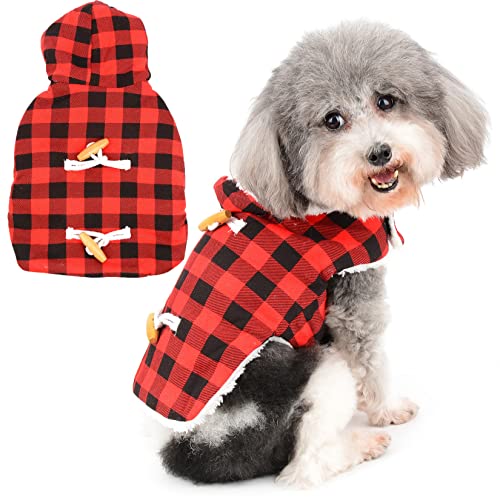 Zunea Weihnachten Hund Hoodie Jacke für kleine Hunde Fleece Wintermantel Warm Plaid Welpen Kleidung mit Kapuze Xmas Haustier Bekleidung Kaltes Wetter Weste Kleidung für Chihuahua Yorkie Rot L von Zunea