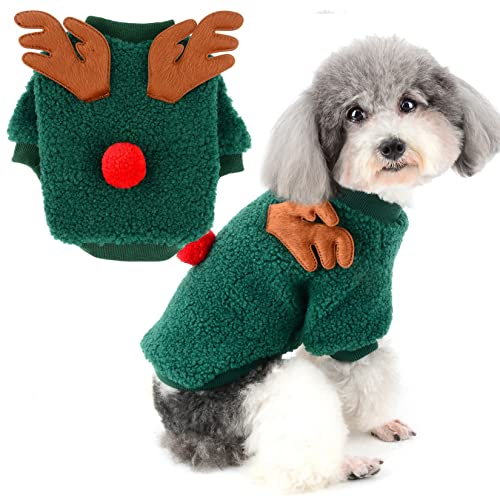 Zunea Weihnachtspullover für Kleine Hunde Wintermantel Warmer Fleece Welpen Weihnachten Kleidung Niedlicher Hirsch Pullover Haustier Jacke Outfits Kaltes Wetter Chihuahua Kleidung Grün S von Zunea