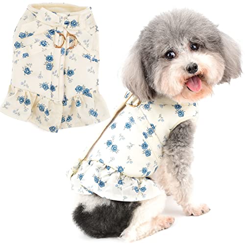 Zunea Winter Hundegeschirr Kleider für kleine Hunde Mädchen Blumen Gedruckt Prinzessin Kleid Warm Fleece Gefüttert Welpenkleidung mit Schleife D-Ring Mantel Haustier Rock Chihuahua Bekleidung Blau XXL von Zunea