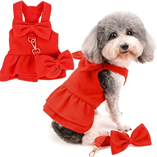 Zunea Xmas Hunde Geschirr Kleider für Kleine Hunde Mädchen Winter Warm Welpe Weihnachten Prinzessin Kleid mit Schleife Knoten und Leine Set Haustier Tutu Kleid Outfits für Chihuahua Yorkie Rot XXL von Zunea