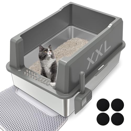 Katzentoilette aus Edelstahl mit Deckel, XXL große Katzentoilette mit hohen Seiten, nimmt nie Gerüche auf, leicht zu reinigen, Metall-Kitty-Katzentoilette mit Schaufel von Zuqqony