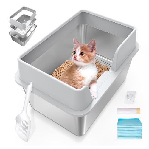 Katzentoilette aus Edelstahl mit Deckel, XXL große Katzentoilette mit hohen Seiten, nimmt nie Gerüche auf, leicht zu reinigen, Metall-Kitty-Katzentoilette mit Schaufel von Zuqqony